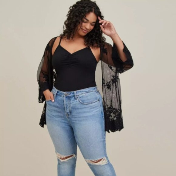 torrid Sweaters - NEW Torrid 4X 26 Black Embroidery Mesh Kimono Cardigan Shawl